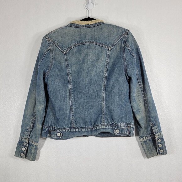 GAP Denim Trucker Jacket Women Medium Sherpa Lined Snap Button Pockets Blue - Picture 7 of 12